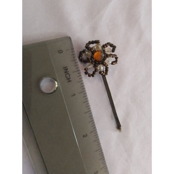 Vintage Beaded Flower Hair Bobby Pin With Crystal Rhinestone & Amber Accents - Picture 2 of 3